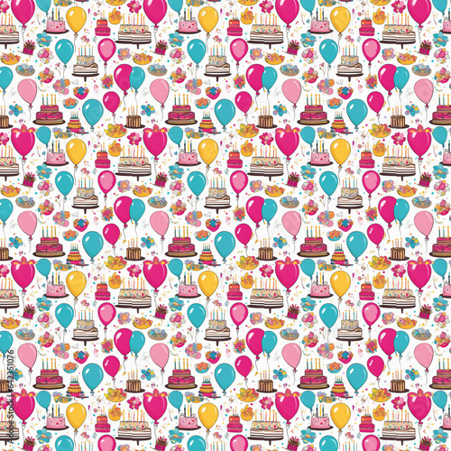 Birthday and Anniversary celebration wallpaper pattern with balloons, confetti, cake, pastry and flower elements
