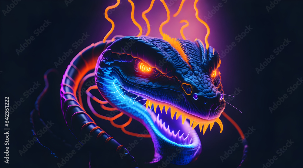Fantasy neon dragon with fire and thunder flashing