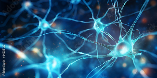 Neurons and neural connections 3D render. Neuronal activity in the brain, neurogenesis, neurotransmitters, electricity in the brain photo