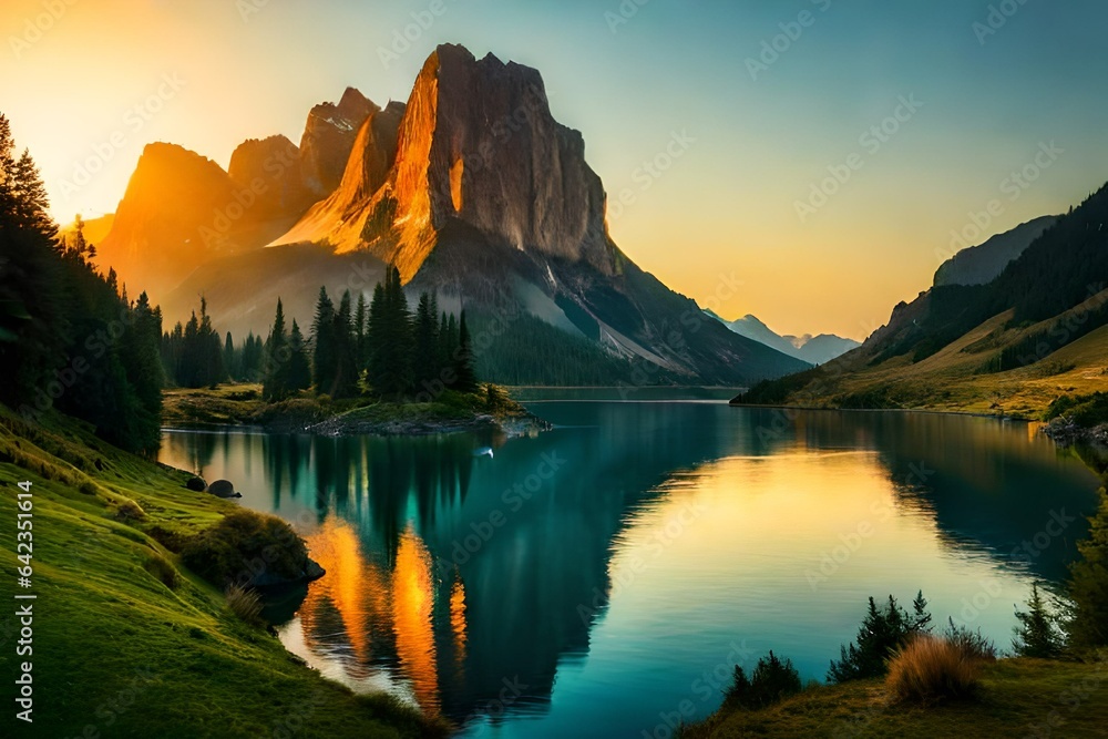 beautiful natural scene, a view of hills and greenery with lake reflection, morning view 