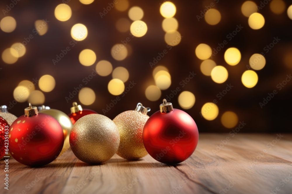 Golden and red Christmas balls on a wooden table Golden and red Christmas balls on a wooden table