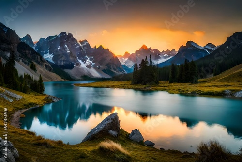 beautiful natural scene  a view of hills and greenery with lake reflection  morning view 