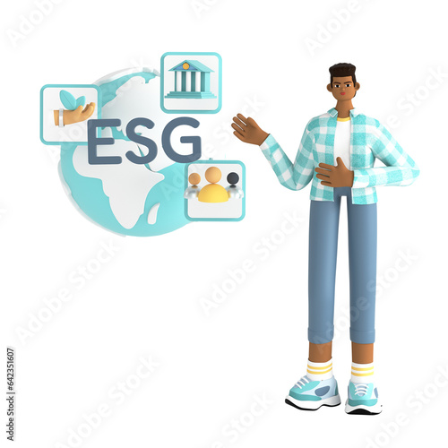 A man suggests the concept of saving the planet, sustainable development and environmental protection. ESG ecology for enterprises and the social sphere. safe green eco-energy. 3d render illustration