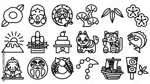 日本のお正月のアイコンセット。シンプルなベクター線画イラスト。 Japanese new year icon set. Simple vector line drawing illustrations.