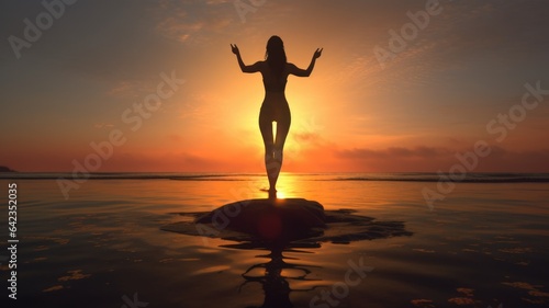Woman Backlit in Yoga Pose in calm sunrise Zen. Generative AI image weber. © Summit Art Creations