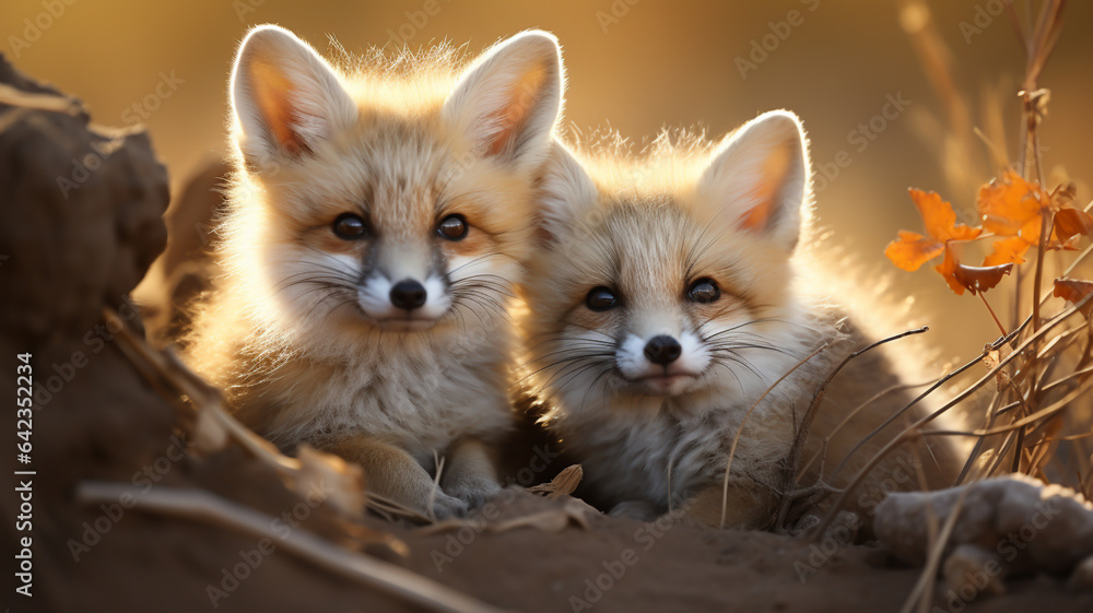2 Fennec Fox, sitting under the fascinating light 2 Fennec Fox, sitting under the fascinating light