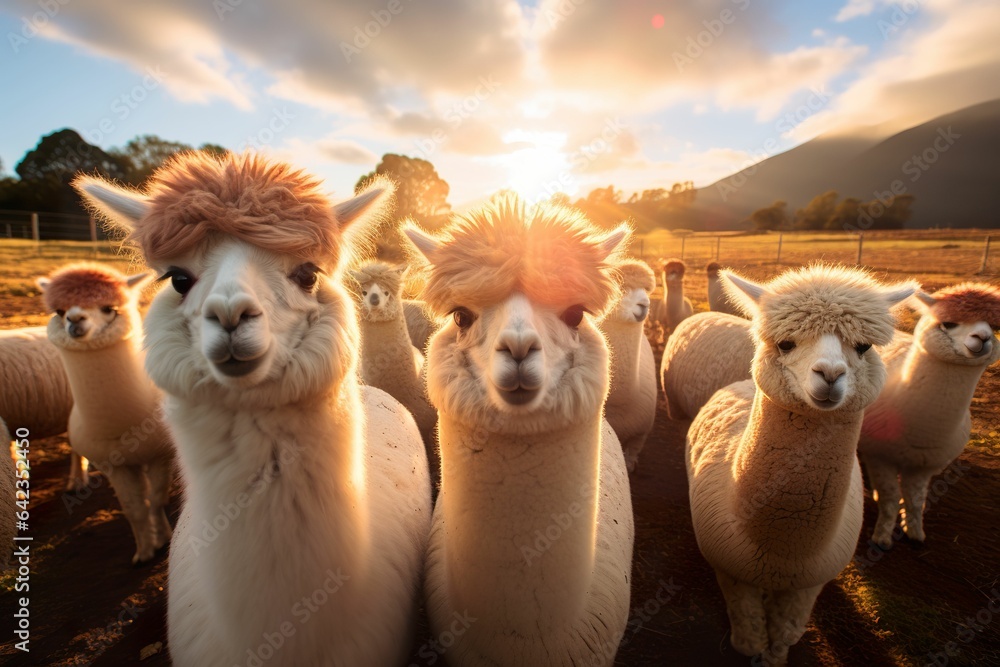 Happy alpaca farm, alpaca close-up, animal farm in the outskirts, alpaca in sunlight