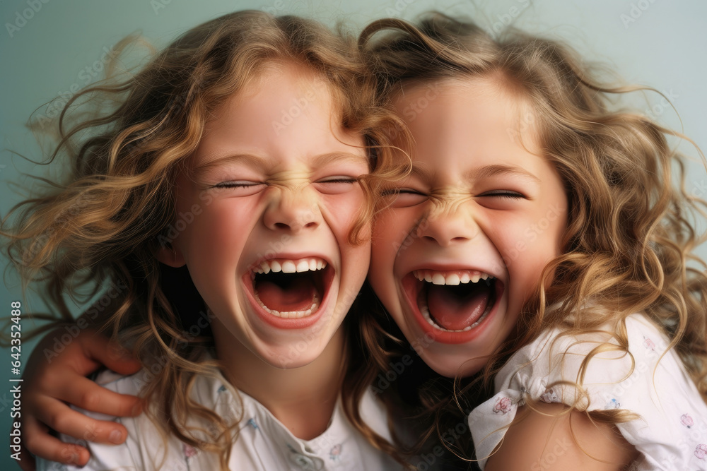 Two curly-haired girls hug and laugh Two curly-haired girls hug and laugh