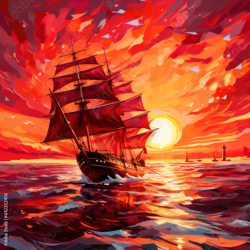 Harmony's Horizon - Where Sky and Sea Embrace the Crimson Regatta - A Grandeur of Elegance and Joy.