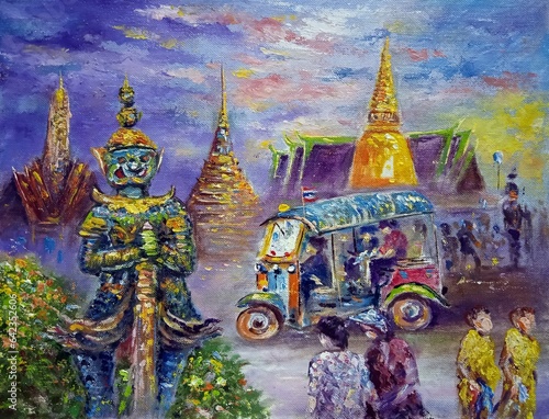 oil painting giant guardians Grand Palace bangkok Thailand , tuk tuk