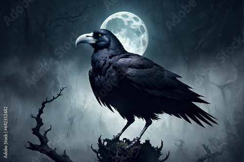 raven on the tree with a moon in the backgorund photo