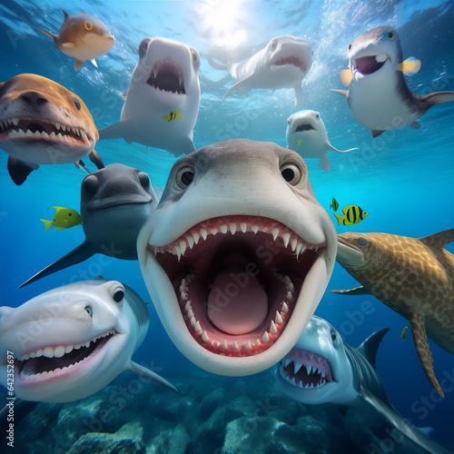 wefie various sea animal with smile and happy face  fishes  crocodile  walrus  pingwin  sea lions  seals  whales  sharks  clown fish  stingrays  turtles  hyper realistic  beautiful dreammy light.