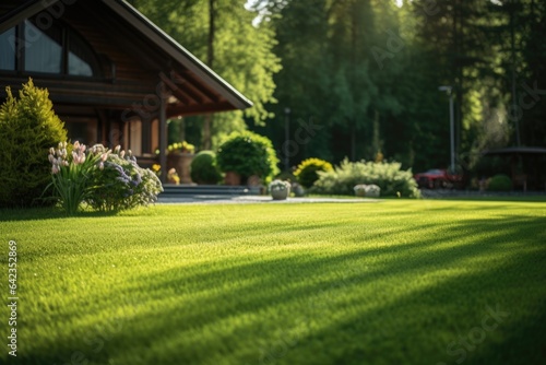 Green lawn grass on the plot near the house