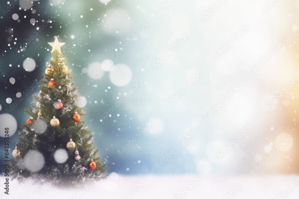 Christmas trees with snowflakes and snow falling background