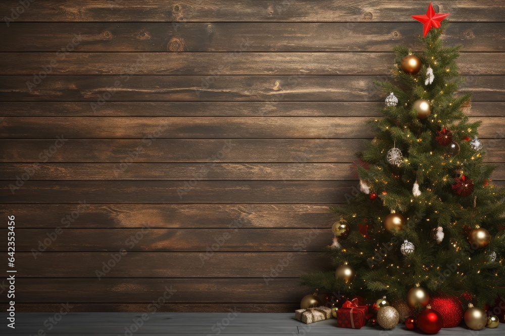 Christmas tree with decorations and ornaments in a wooden background Christmas tree with decorations and ornaments in a wooden background