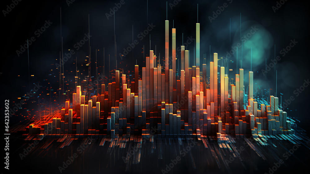 stock market concept using a gradient backdrop, incorporating rising and falling bar charts and a mix of financial icons