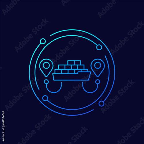 cargo container ship icon, maritime routes linear design
