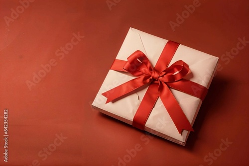 Close up view of empty envelope and present with ribbon isolated on red background 