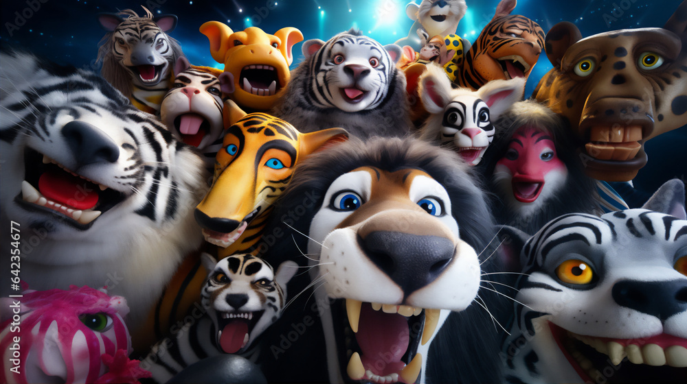 wefie various animal with smile and happy face, lion, tiger, deer, monkey, crocodile, birds, wolf, elephant, bulls, owl, lady bugs, butterfly, cat, hyper realistic, beautiful dreammy light, bright eye