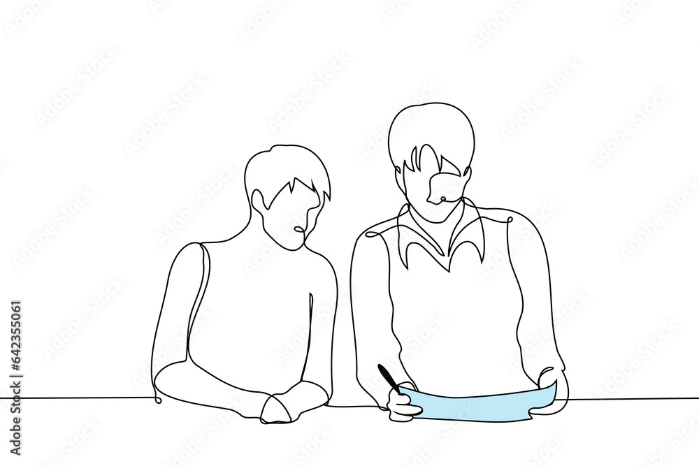 adult man holds a sheet of paper or a notebook in his hands and a young man sits next to him - one line art vector. concept male tutor checking work of male student adult man holds a sheet of paper or a notebook in his hands and a young man sits next to him - one line art vector. concept male tutor checking work of male student