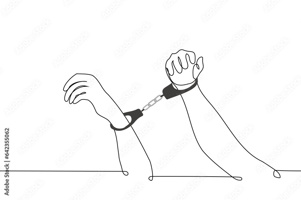 hands of two people are blocked by handcuffs one line art vector