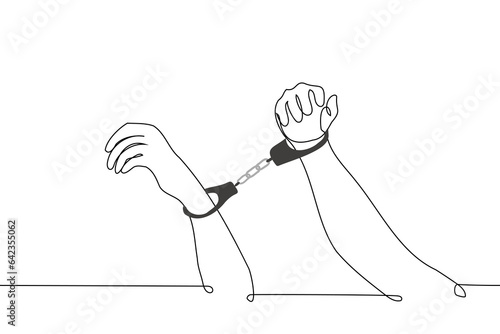 hands of two people are blocked by handcuffs - one line art vector. concept handcuffed hands, a metaphor to be together forever