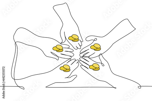 hands of five people with golden coins divided equally - one line art vector. concept dividends to investors, fair distribution of profits, piecework payment work in cash