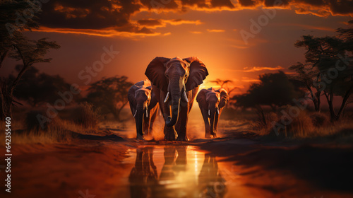 The elephant family walked under the sun as a background.