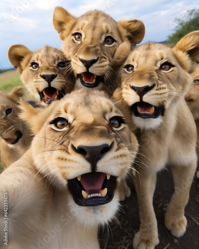 wefie a group of lions with smile and happy face, hyper realistic, beautiful dreammy light, bright eyes, savana africa background, funny face, fish eye lense,