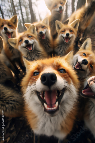 wefie a group of red foxes with smile and happy face, crowded, hyper realistic, beautiful dreammy light, bright eyes, forest background, funny face, fish eye lense, © Maizal