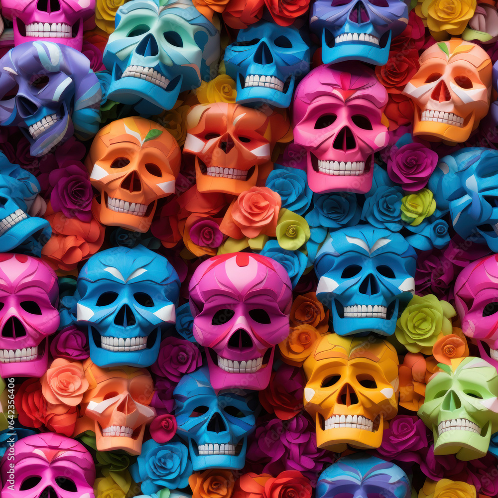 Colorful Skull Seamless Halloween tile created with Generative AI technology Colorful Skull Seamless Halloween tile created with Generative AI technology