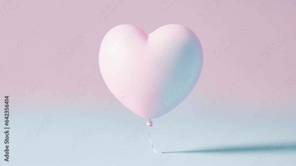 Pink heart shaped balloon on pastel pink blue background. Minimal concept.