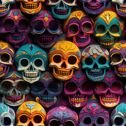 Colorful Skull Seamless Halloween tile created with Generative AI technology