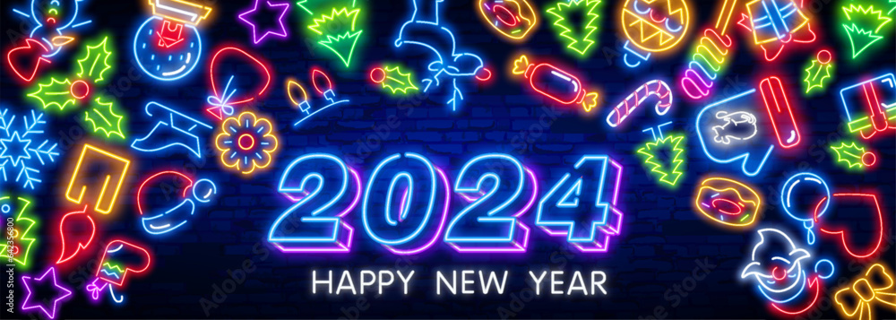2024 neon labels collection. Happy New Year banners on brick wall. Comics explosion frame.