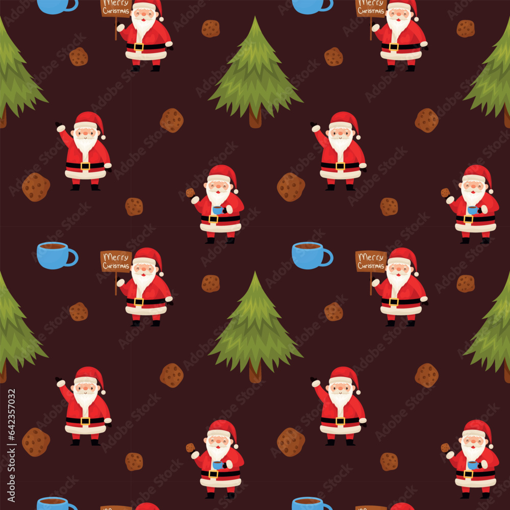 Fototapeta premium Seamless Christmas pattern with cute Santa Claus character with cup of tea, hot chocolate, cookies and Christmas tree on a dark red background. Decorative winter ornament. Merry Christmas wooden sign