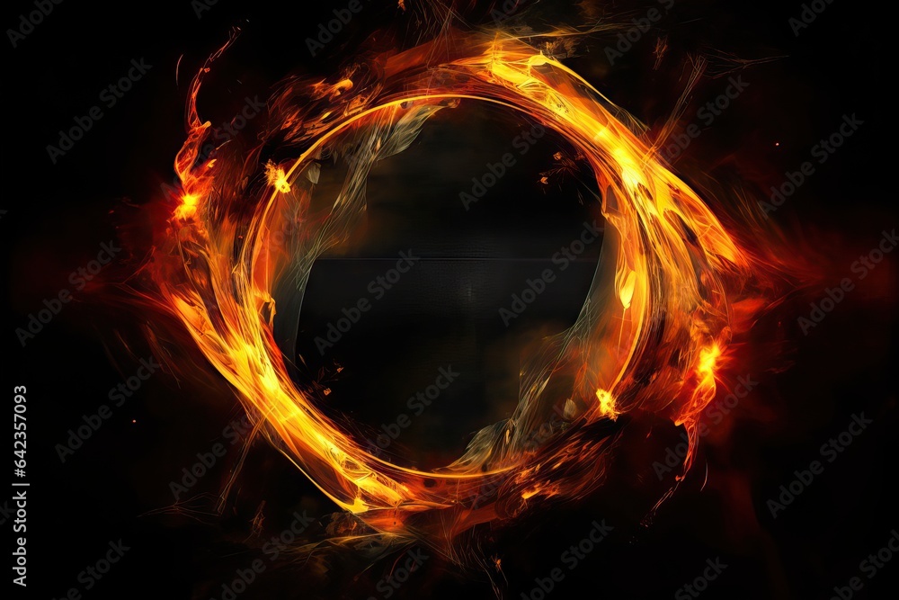 frame inferno form fire hole dynamic gold energy fiery background fantasy background blaze black ring Fire glow flames circle abstract bright fractal magic burn wheel gold circle black round light - obrazy, fototapety, plakaty 