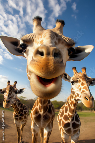 wefie a group of wild giraffes with smile and happy face, hyper realistic, beautiful dreammy light, bright eyes, savana africa background, funny face, fish eye lense, © Maizal