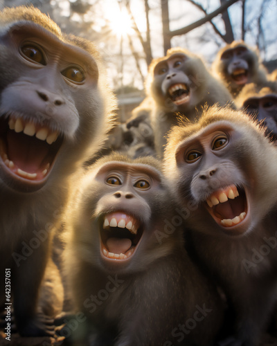 wefie a group of wild monkeys with smile and happy face, crowded, hyper realistic, beautiful dreammy light, bright eyes, green deep forest background, funny face, fish eye lense,