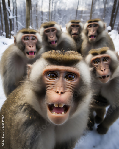 wefie a group of wild monkeys with smile and happy face, crowded, hyper realistic, beautiful dreammy light, bright eyes, green deep forest background, funny face, fish eye lense, © Maizal