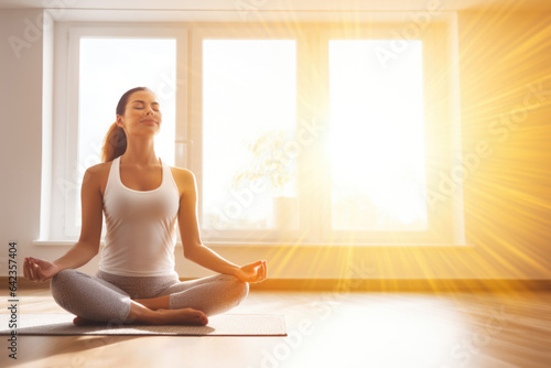young woman meditating and practicing yoga in lotus position at home