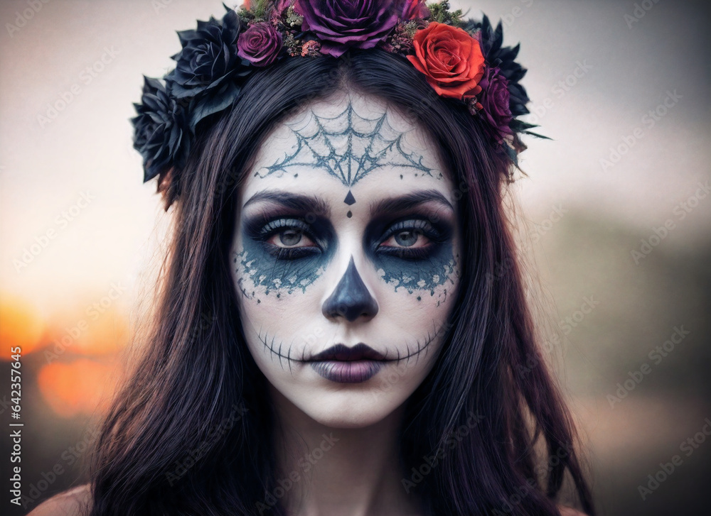 Mexican woman with day of the dead makeup and a flower crown on his head, Mexican holiday Dia de los muertos. Content made with generative AI not based on real persons.	