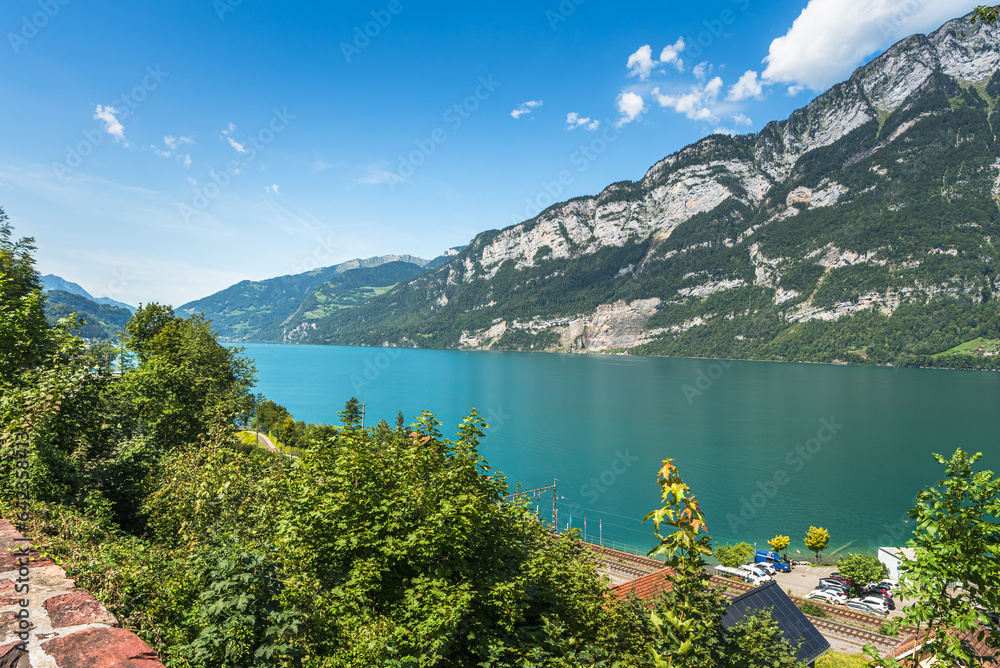 Panoramic view of Lake Walensee (Lake Walen), Quarten, Canton St. Gallen, Switzerland