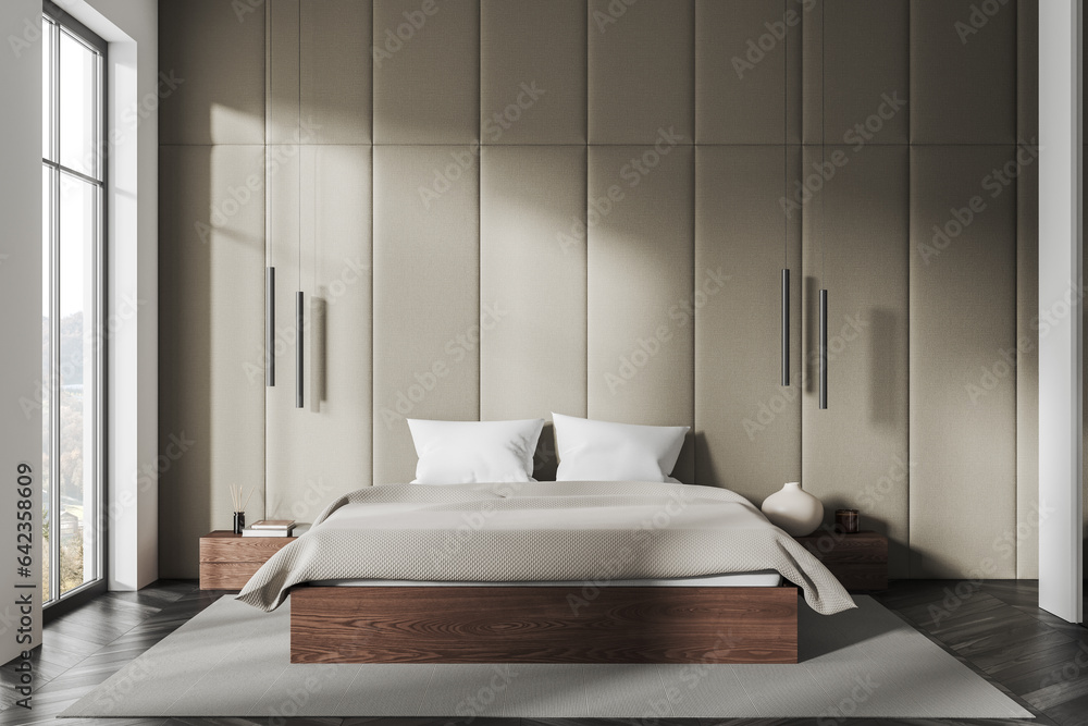 Stylish home bedroom interior with bed and nightstand, panoramic window