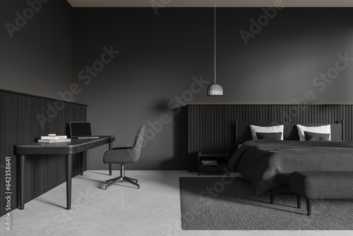 Grey home bedroom interior with bed and work zone, decoration