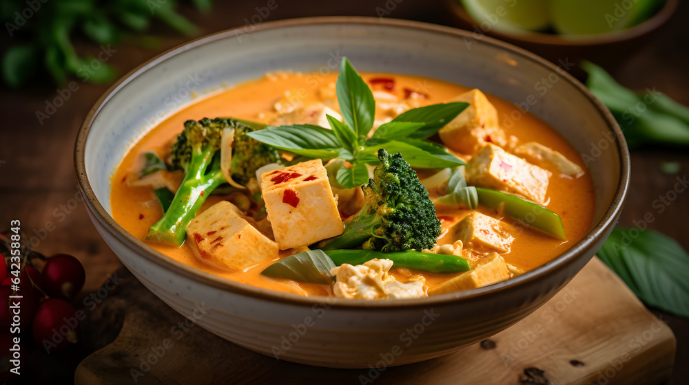 A bowl of creamy and aromatic Thai red curry with vegetables and tofu