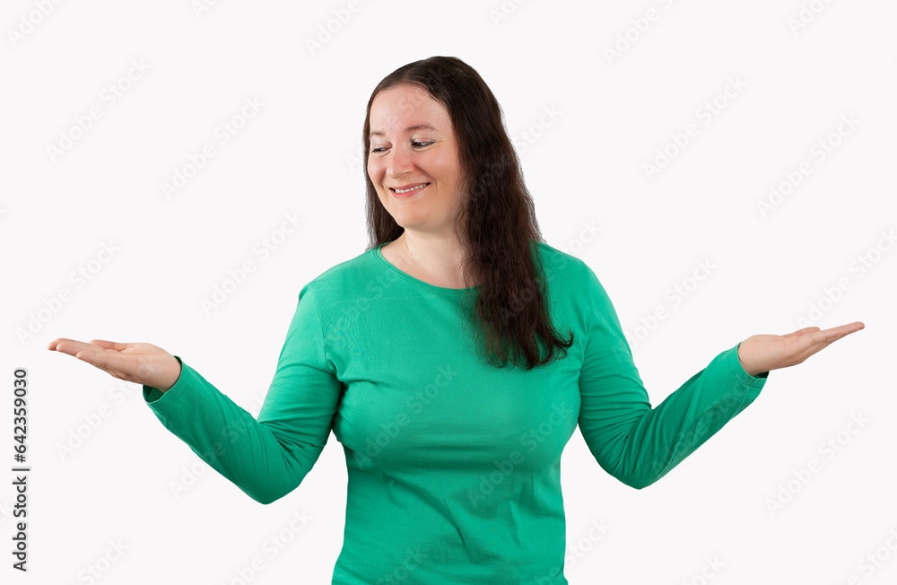 Hispanic woman standing over white isolated background smiling showing both hands open palms, presenting and advertising comparison and balance Hispanic woman standing over white isolated background smiling showing both hands open palms, presenting and advertising comparison and balance