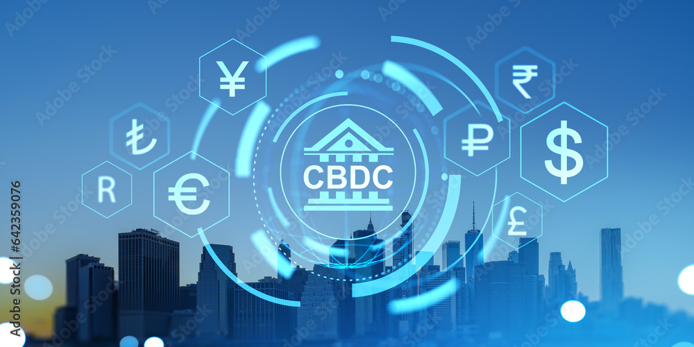 New York silhouette and CBDC glowing hologram with different currency icons