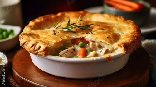 A bowl of creamy and comforting chicken pot pie with a flaky crust