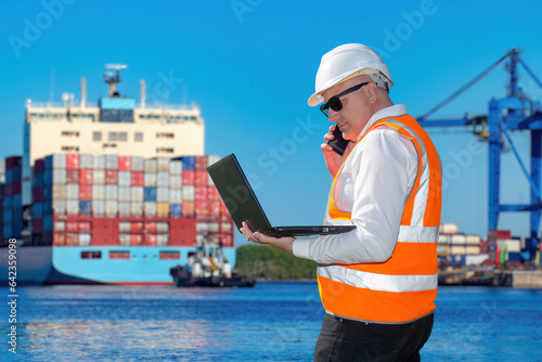 Man in seaport. Cargo harbo...