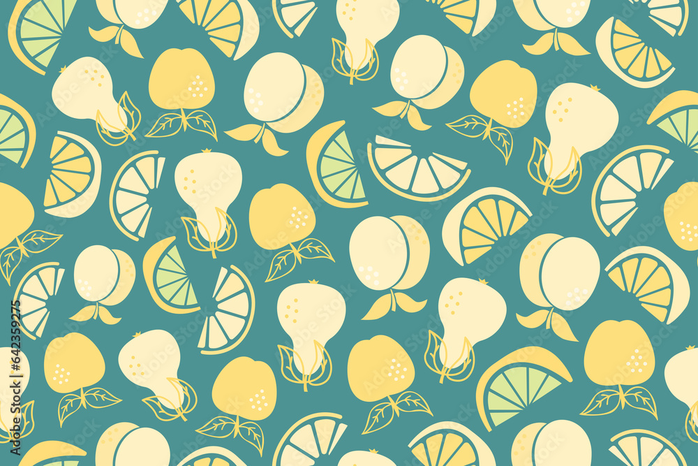 Seamless pattern with fruits. Repeating colorful pattern with apples, pears, peaches, lemons and limes.